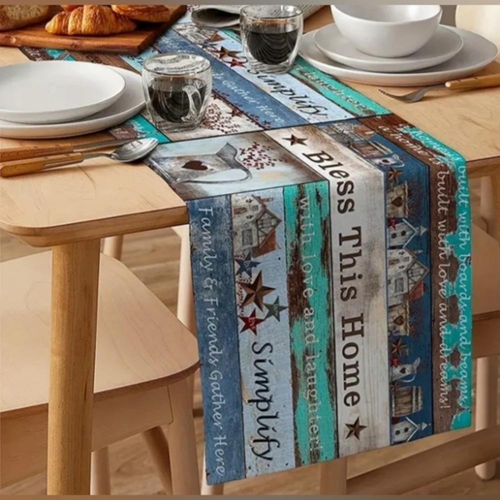 Vintage Wooden Barn Star Table Runner with Blessing‎ Slogan. 13x72. New NWT.